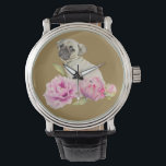 Pug och Peonies | Illustration av vattenfärg Armbandsur<br><div class="desc">Detta är en vattenfärgning av en valp sitta i mitten på blommor av peonblommor. Blommorna börjar som en kvävning på högerna och blommar långsamt till fullo när de går till lämnat.</div>