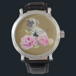 Pug och Peonies | Illustration av vattenfärg Armbandsur<br><div class="desc">Detta är en vattenfärgning av en valp sitta i mitten på blommor av peonblommor. Blommorna börjar som en kvävning på högerna och blommar långsamt till fullo när de går till lämnat.</div>