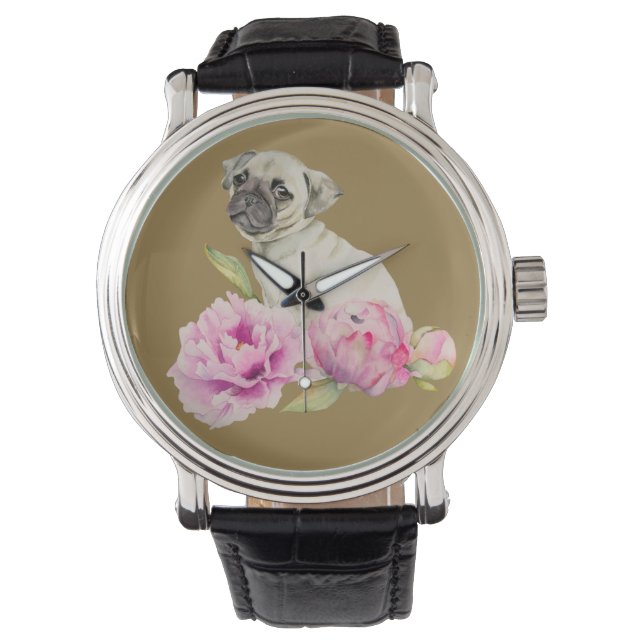 Pug och Peonies | Illustration av vattenfärg Armbandsur (Framsida)