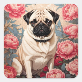 Pug och Peony Flowers William Morris Inspired Fyrkantigt Klistermärke