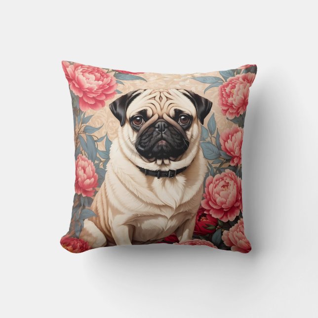 Pug och Peony Flowers William Morris Inspired Kudde (Framsida)