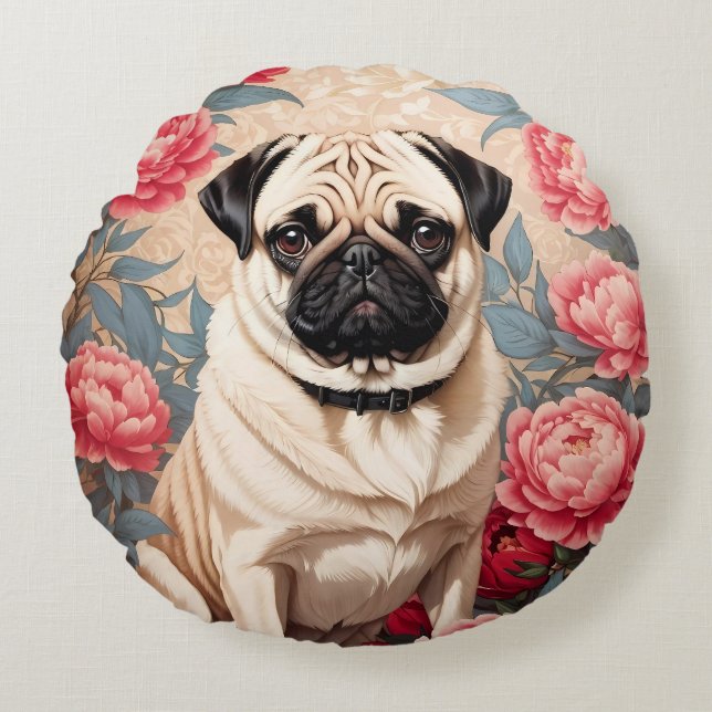 Pug och Peony Flowers William Morris Inspired Rund Kudde (Framsidan)