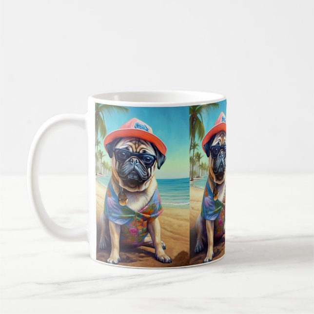 Pug på strand, sommarpresent till hundälskare  kaffemugg (Vänster)