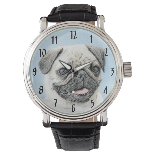 Pug Painting - Cute Original Hund Art Armbandsur (Framsida)