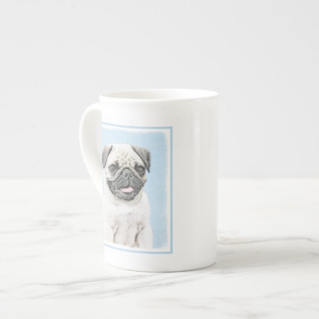 Pug Painting - Cute Original Hund Art Benporslin Mugg (Framsida vänster)