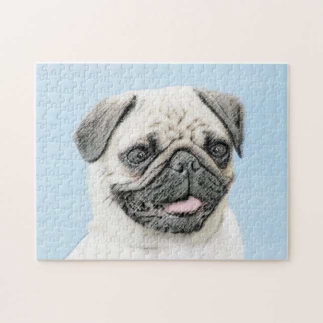 Pug Painting - Cute Original Hund Art Pussel (Horisontell)