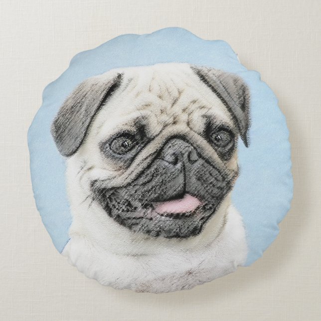 Pug Painting - Cute Original Hund Art Rund Kudde (Baksidan)