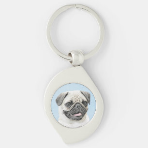 Pug Painting - Cute Original Hund Art Swirl Silverfärgad Nyckelring