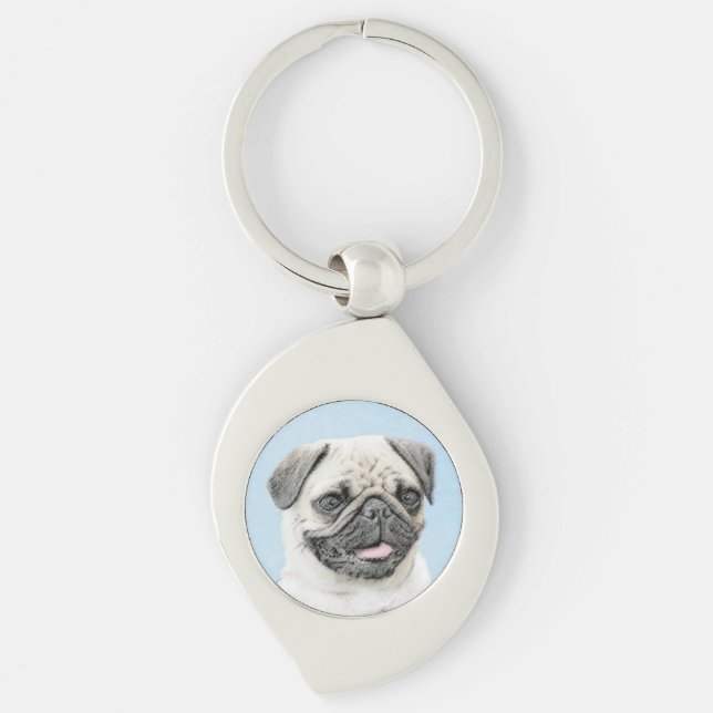 Pug Painting - Cute Original Hund Art Swirl Silverfärgad Nyckelring (Framsidan)