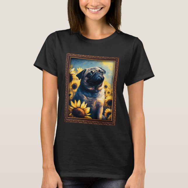 Pug Painting Sunflower Flower Mom Women Floral T Shirt (Framsida)
