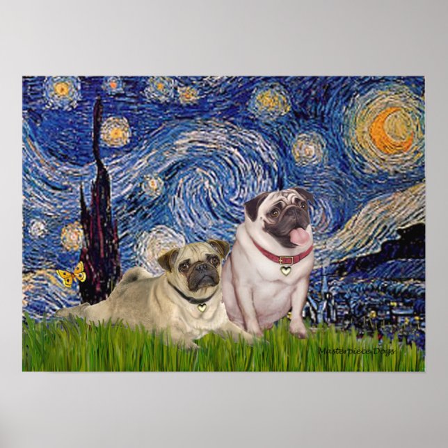Pug Pair (fawn) - Starry Natt Poster (Framsidan)