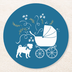 Pug Party Blue Theme Firande Underlägg Papper Rund