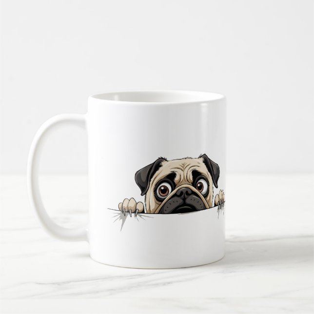 Pug Peeking Cute Adsible Tecknad Animal Joy Kaffemugg (Vänster)