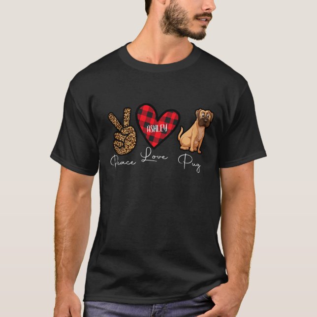 Pug Play Peace Kärlek Cute Hund T Shirt (Framsida)