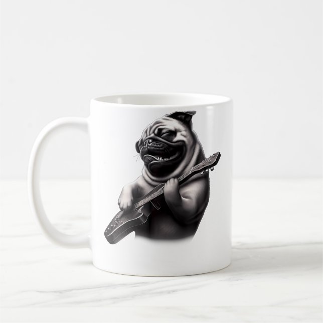 Pug Playing Guitar - Funny Rock Music Guitar Pug Kaffemugg (Vänster)