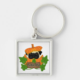 Pug Pumpkin Patch Fyrkantig Silverfärgad Nyckelring