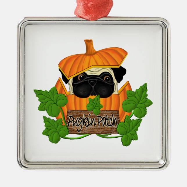 Pug Pumpkin Patch Julgransprydnad Metall (Framsidan)