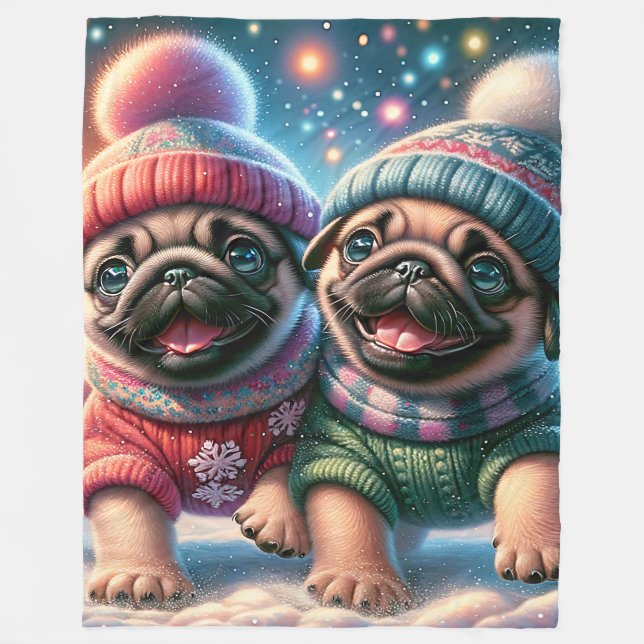 "Pug Puppies’ First Snowfall - Whimsical Winter" Fleecefilt (Framsidan)