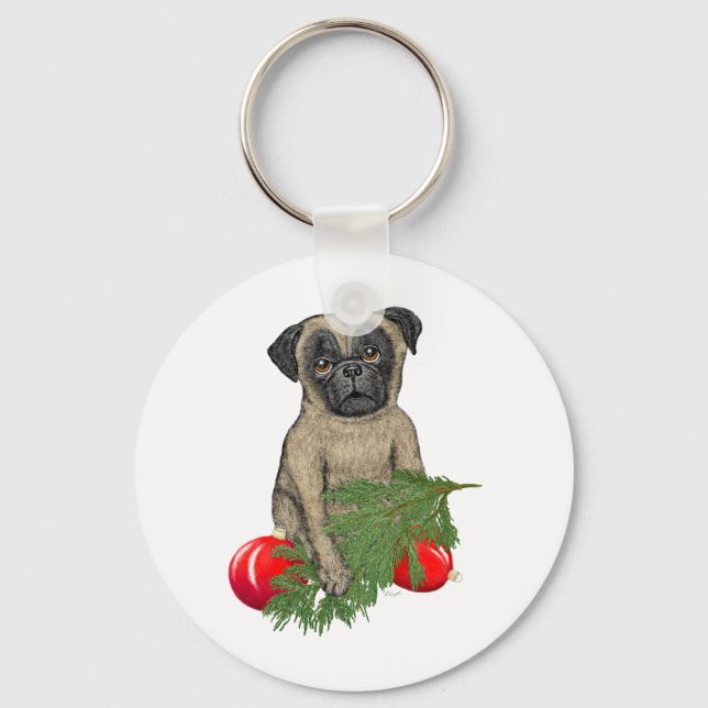 Pug Puppy Adult Juli Hund Art Nyckelring (Framsida)