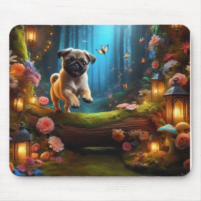 Pug Puppy Enchanted Forest Mouse Pad Musmatta (Framsidan)