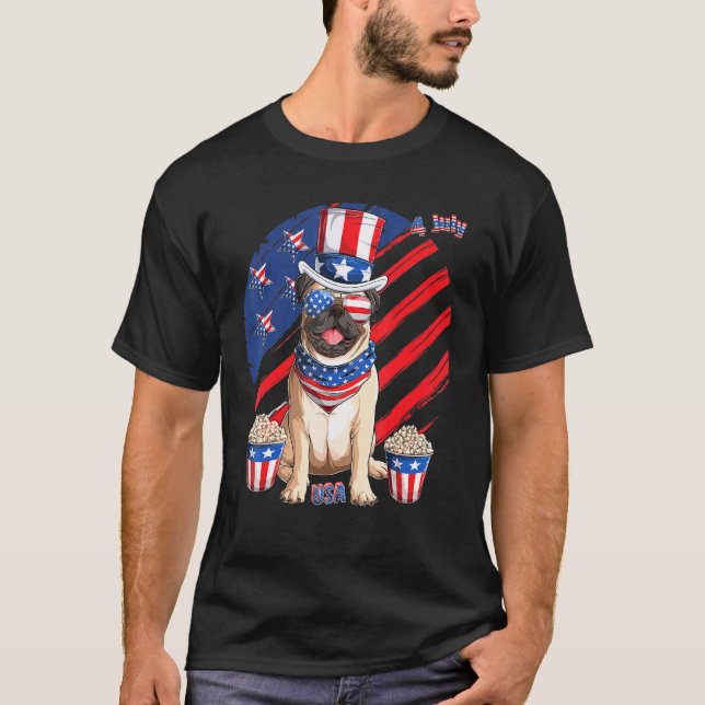 Pug Puppy Hund 4:e juli Patriotic American USA T Shirt (Framsida)