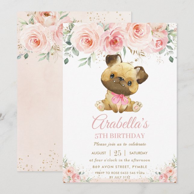 Pug Puppy Hund  Rosa Blommigt Girl Birthday Inbjudningar (Fram/baksida)