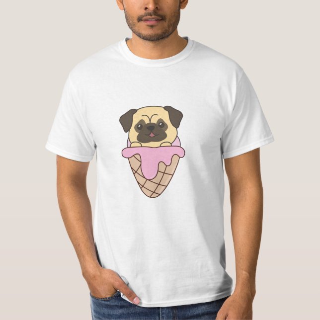 Pug Puppy Hund Rosa Ice Cream Waffle Cute Animals T Shirt (Framsida)