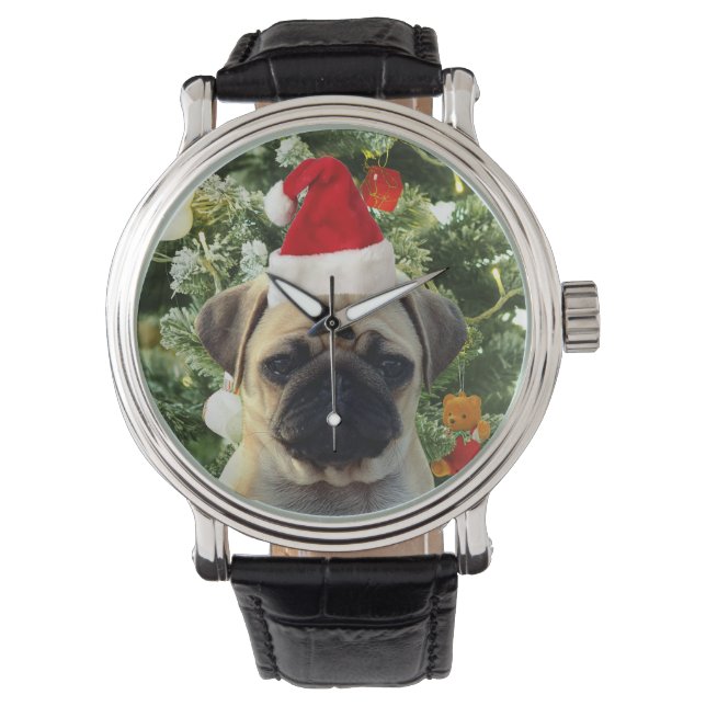 Pug Puppy Julgran Ornaments Snögubbe Armbandsur (Framsida)