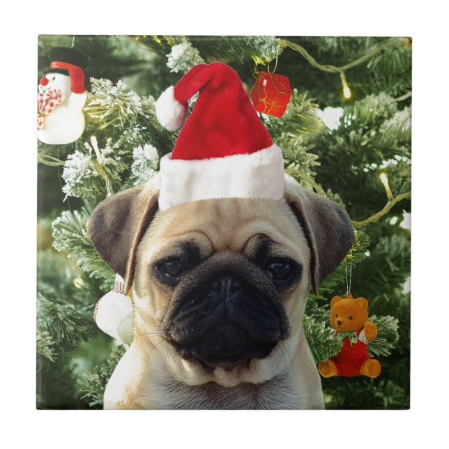 Pug Puppy Julgran Ornaments Snögubbe Kakelplatta (Framsidan)