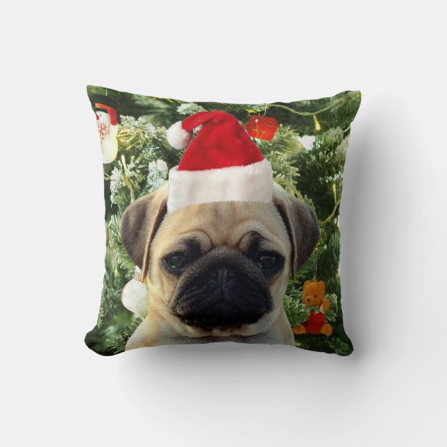 Pug Puppy Julgran Ornaments Snögubbe Kudde (Framsida)