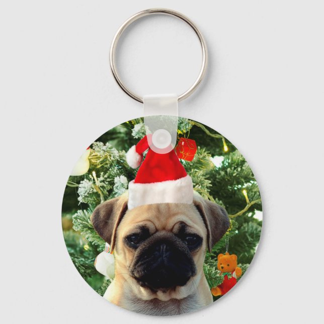 Pug Puppy Julgran Ornaments Snögubbe Nyckelring (Framsida)
