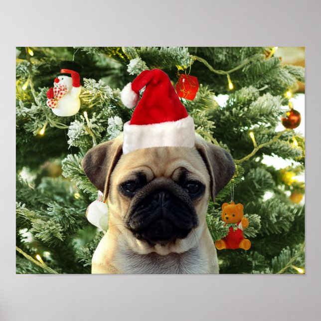 Pug Puppy Julgran Ornaments Snögubbe Poster (Framsidan)