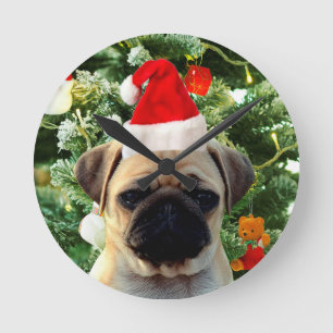 Pug Puppy Julgran Ornaments Snögubbe Rund Klocka
