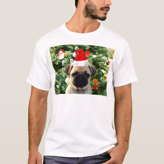 Pug Puppy Julgran Ornaments Snögubbe T Shirt (Framsida)