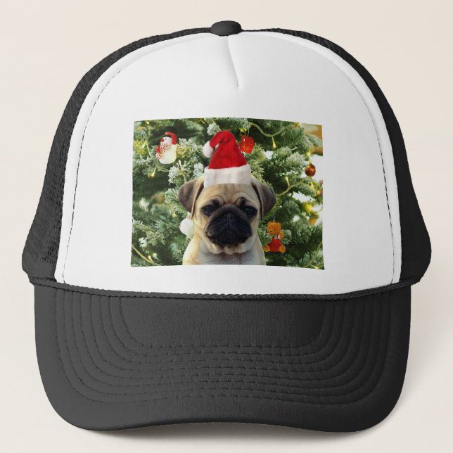 Pug Puppy Julgran Ornaments Snögubbe Truckerkeps (Framsida)