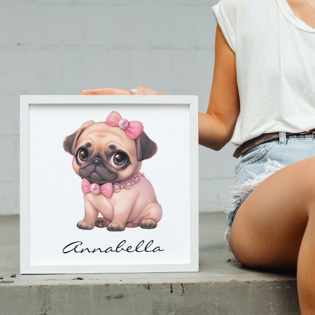 Pug Puppy med eget namn för Rosa Bow Illustration Poster (Pug Puppy With Pink Bow Illustration Custom Name Poster-Adorable Dog Lover Nursery Wall Art Decor)