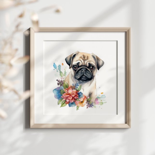 Pug Puppy Pet Watercolor Flower Poster (Skapare uppladdad)
