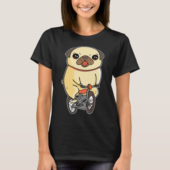 Pug Puppy Riding Bicycle Adsible Hund Bike Ride T Shirt (Framsida)