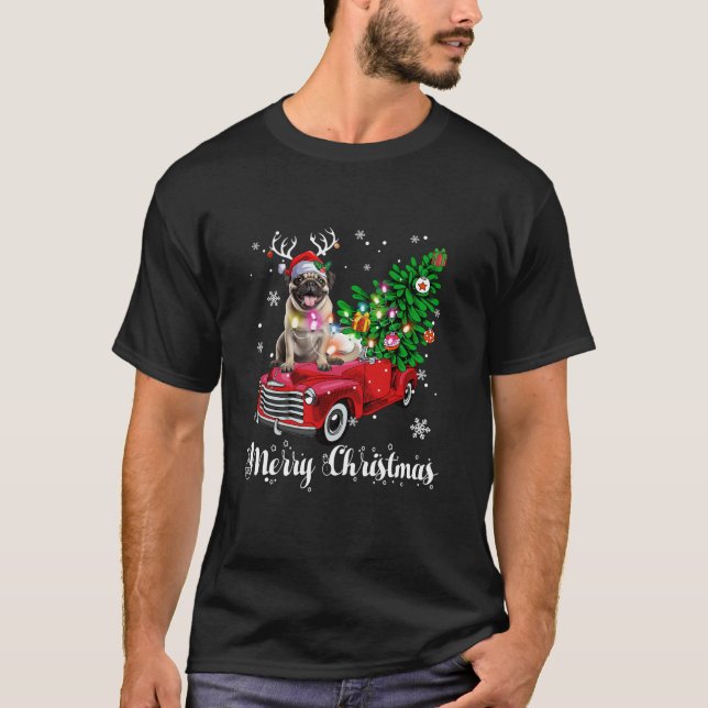 Pug Red Lastbil jultomten Hat Julafton Hund älskar T Shirt (Framsida)