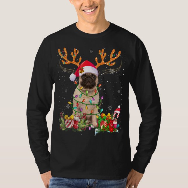 Pug Reindeer-familjen matchar jul Pajamas Hund T Shirt (Framsida)