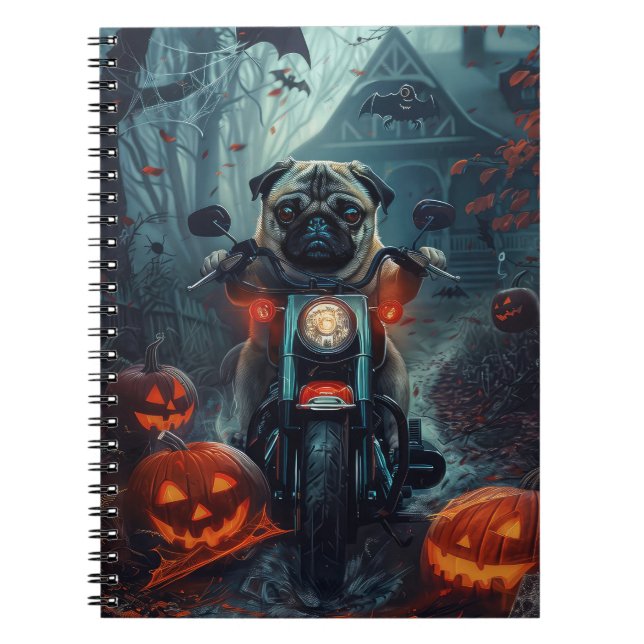 Pug Riding Motorcykel Halloween Scary Anteckningsbok (Framsidan)