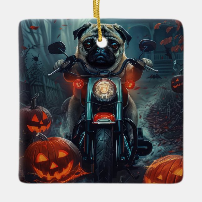 Pug Riding Motorcykel Halloween Scary Julgransprydnad Keramik (Framsida)