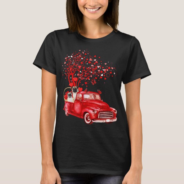 Pug Riding Red Lastbil Valentine Butterfly Heart T T Shirt (Framsida)