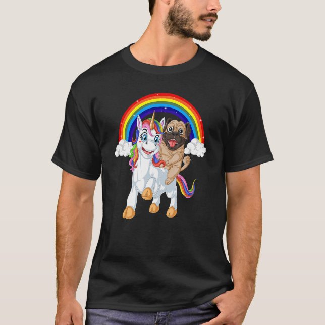 Pug Ridning Enhörning Regnbåge I Rymden Regnbåge P T Shirt (Framsida)
