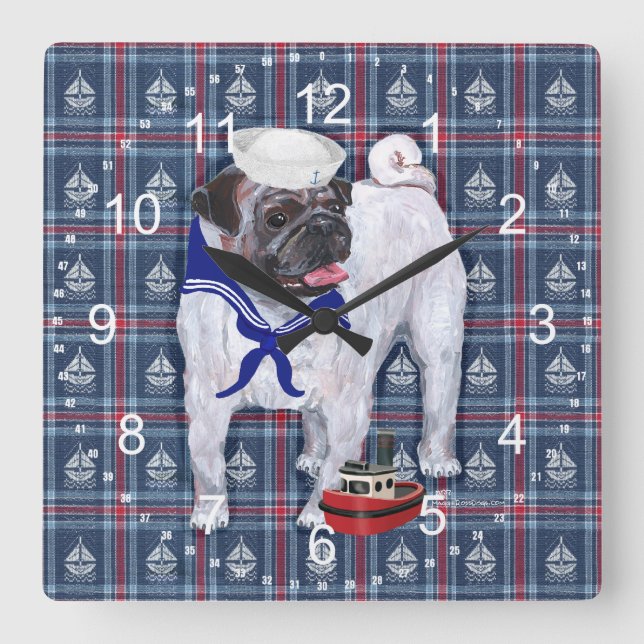 Pug Sailor Fyrkantig Klocka (Framsida)
