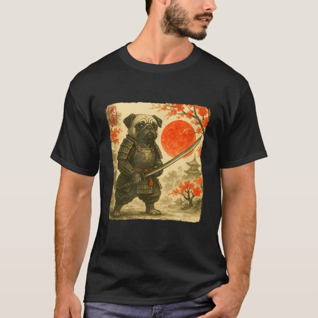 Pug Samurai Japanese Warrior Costume Sumi-e Art Fu T Shirt (Framsida)