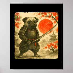 Pug Samurai Japansk Krigarkostym Sumi-e Konst Fu Poster