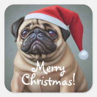 Pug Santa Hat Fyrkantigt Klistermärke