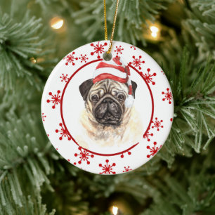 Pug Santa Hat Red Snowflake-jul Julgransprydnad Keramik