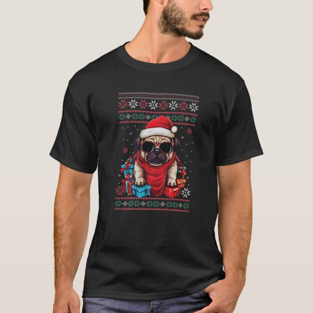 Pug Santa Hat Rolig hund älskare Julafton Ugly jul T Shirt (Framsida)